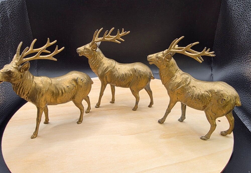 Brass Tone Elk Stag Deer Figurines Set of 3 Wildlife Vintage Made In Japan - Picture 8 of 16